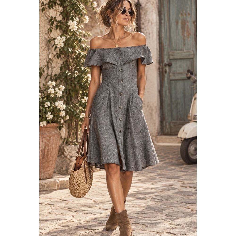 Alton Gray Linen Midi Dress Sz 0 Off Shoulder Boho Gypsy V Neck Quiet Luxury XS